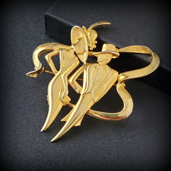 Vintage JJ gold tone figural brooch, Dancing coup… - image 2