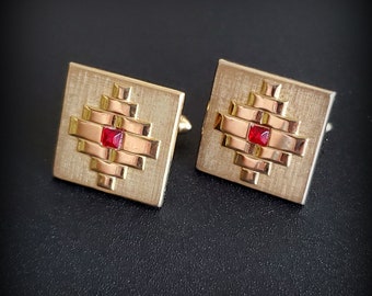 Vintage Swank Gold Cuff Links: Red Rhinestone Square Design