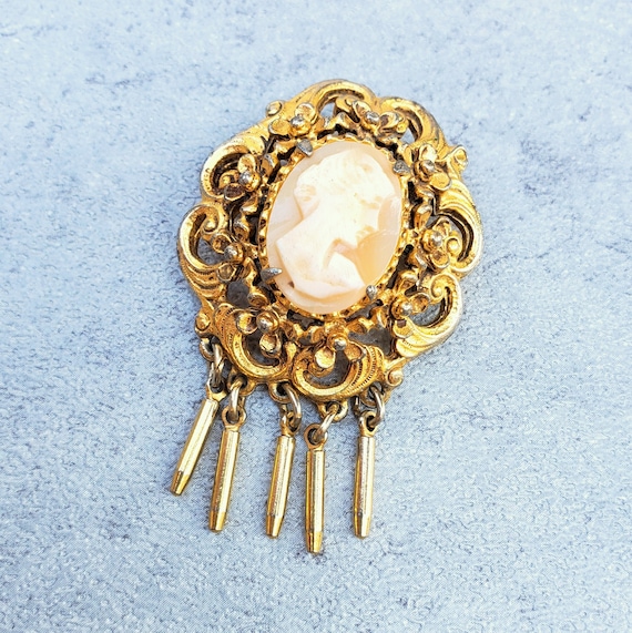 Vintage Cameo Florenza Brooch Mid Century Bullet Fringe Brooch