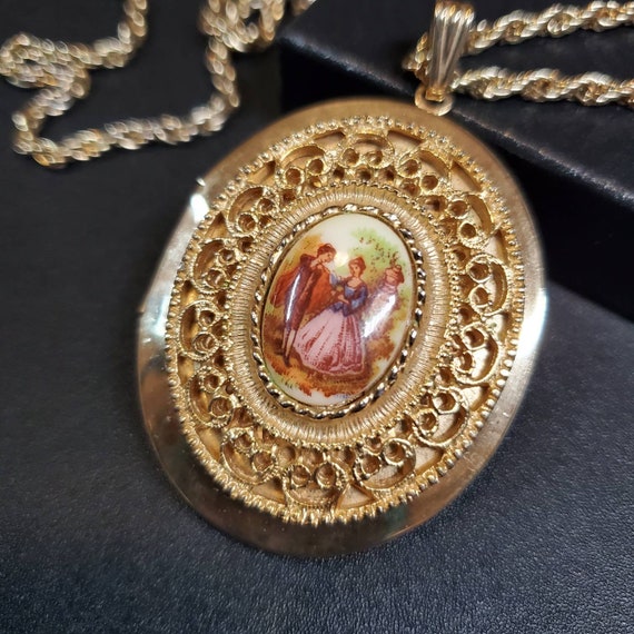 Vintage extra large oval locket necklace, French … - image 4