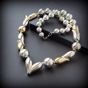 Vintage chunky silver gold beaded necklace 25&#39;&#39;