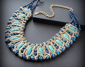 Vintage blue bib necklace, Statement funky party necklace, Bohemian chunky choker