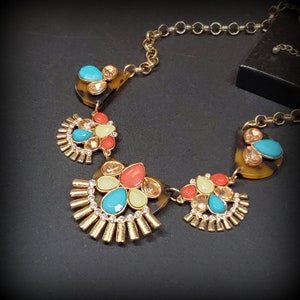 Vintage blue big bold bib necklace, Statement geometric link turquoise blue necklace