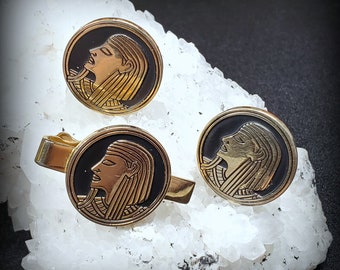 Vintage Swank Egyptian cuff links and  tie bar set, black round cuff links, gold Egyptian man Headdress cufflinks