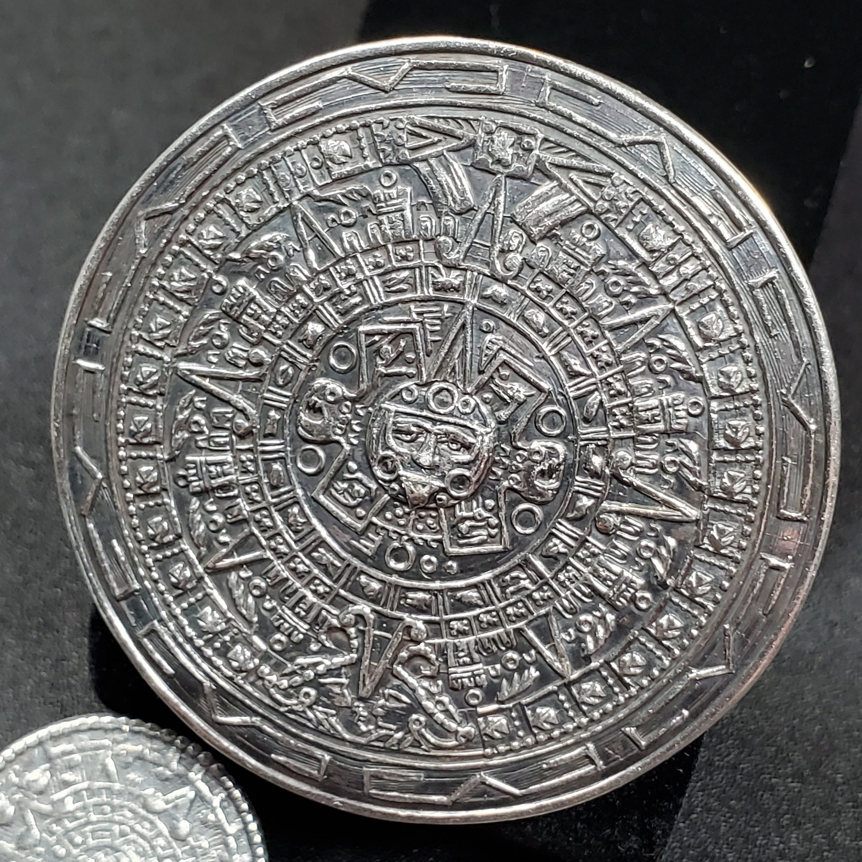 Vintage sterling silver Aztec calendar brooch and clip on earrings set, J Gomes Round earrings, round brooch Taxco 1960s