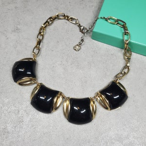 Vintage Monet black bib necklace, black geometric link gold chain statement necklace Whimsigoth jewelry