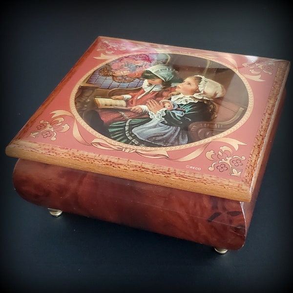 Vintage wood music box 1987s by Sandra Kuck "Giving Thanks" minuet Mozart, Made in USA , jewelry box