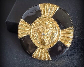 Vintage Leo brooch, Maltese cross Gold and black lion head brooch, lion's head cut-out design brooch, costume jewelry unmarked