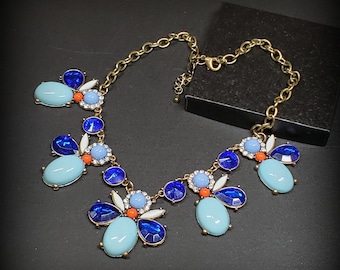 Vintage blue bib necklace, Statement chain link necklace