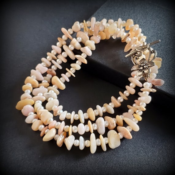 Vintage Pink opal necklace and pearl natural gemst