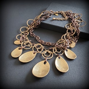 Vintage bronze tone bib necklace, drop link chain bib necklace, brass collar choker statement necklace