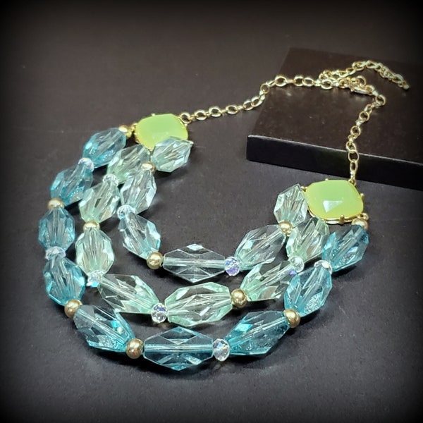 Vintage Colorful blue bib necklace,  Multistrand  statement bib necklace