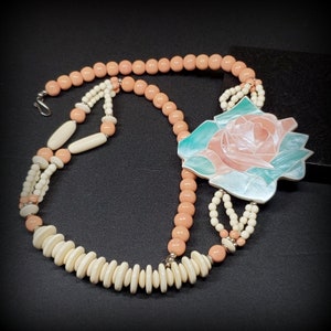 Vintage Lee Sands multi strand necklace, rose flower necklace, MOP statement necklace