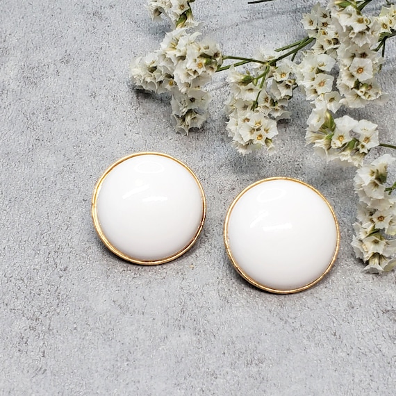 Vintage large white round clip on earrings Crown T