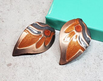 Vintage enamel earrings, copper leaves statement 80s stud earrings, avant garde earrings