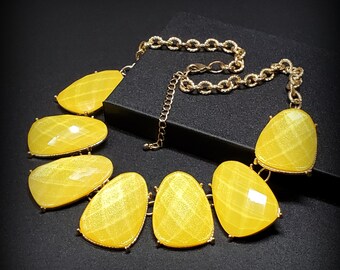 Vintage yellow bib necklace, Statement geometric link sparkle yellow necklace