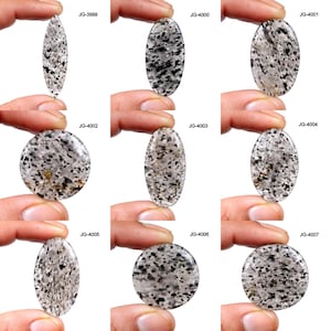 May include: A collection of nine polished gemstones in various shapes, including oval and round. The stones are held by fingers and display a speckled pattern of black and gray against a translucent background. Each stone is labeled with a unique "JG" code.