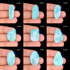 Può includere: Nove pietre preziose di larimar lucidate in varie forme, tra cui ovali, rettangolari e a goccia. Le pietre mostrano una gamma di tonalità azzurre con marmorizzazioni bianche e alcune inclusioni marroni. Ogni pietra è tenuta in mano su sfondo nero.