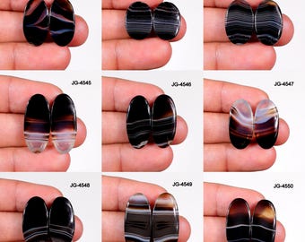 Black Banded Agate Pair - Matching Black Banded Agate Pair Gemstone - Flatback Black Banded Agate Cabochon Pair For Earring Making