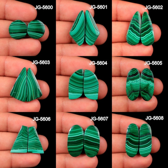 Malachite Pair Stone, Malachite Earring Pair - Matching Malachite Pair - Natural Malachite Pair Cabochon Malachite Gemstone Pair For Jewelry