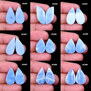 May include: A collection of nine pairs of light blue gemstone cabochons, each with a unique pattern and shape. The cabochons are teardrop and petal-shaped, with variations in color and veining. The image is set against a dark background.