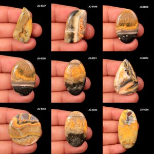 以下が含まれることがあります： 様々な形をした、研磨された9つの宝石カボション。楕円形や涙型などがあります。石は、黄色、茶色、黒、白など、さまざまな色合いで、ユニークな模様と質感があります。各石には「JG」コードが付いています。