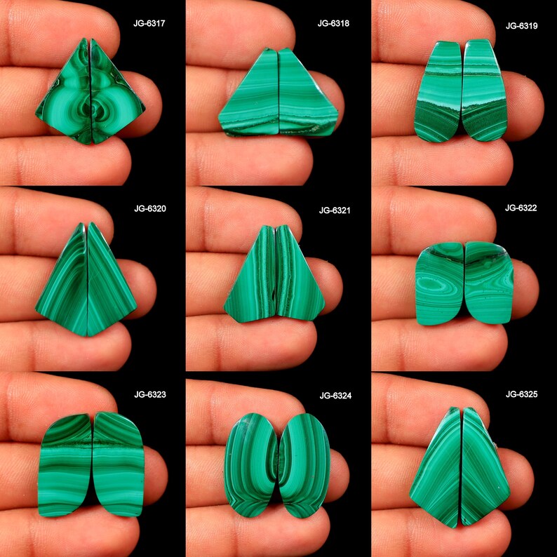 May include: A collection of nine pairs of polished malachite gemstones, each with unique green and dark green banded patterns. The gemstones are cut into various shapes, including triangles and ovals. The image includes the text "JG-6317" through "JG-6325".