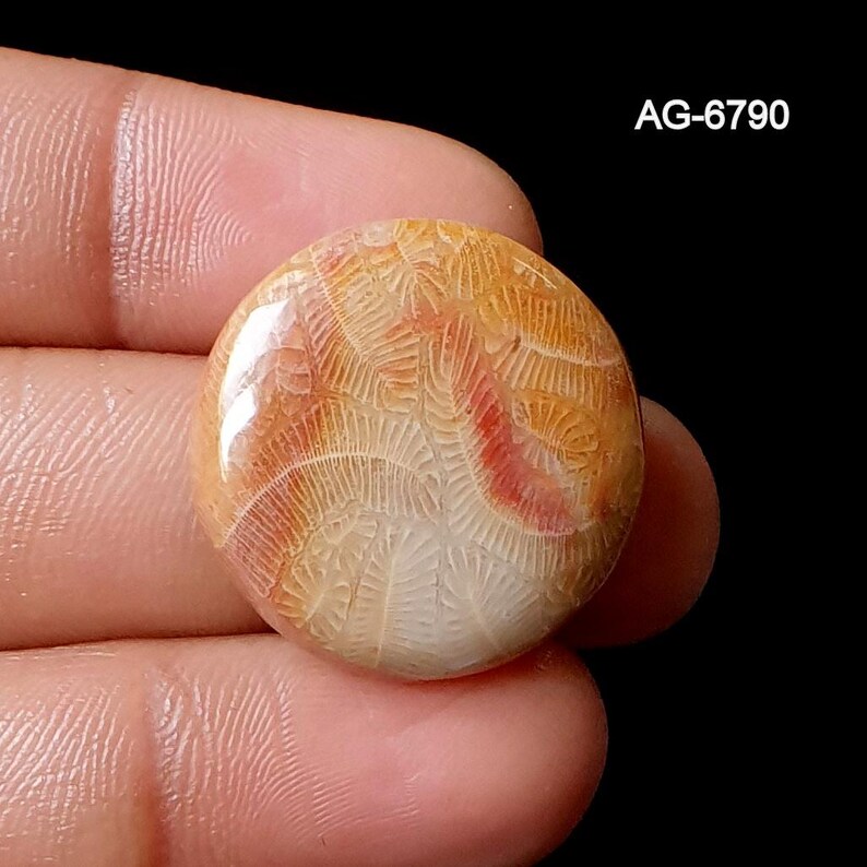 May include: A circular gemstone with a polished surface, displaying a complex pattern of natural lines and textures. The stone's colours include beige, orange, and red. The text "AG-6790" is visible. The gemstone is likely a cabochon.