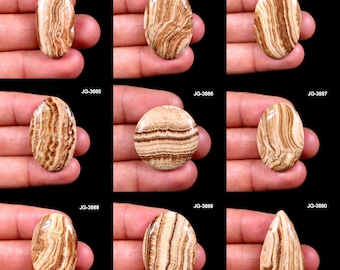 Puede incluir: Nueve piedras preciosas pulidas de varias formas, incluyendo ovaladas, redondas y en forma de lágrima. Las piedras tienen una paleta de colores cálidos, beige y marrón, con un patrón rayado similar a la veta de la madera. Cada piedra se sostiene en una mano sobre un fondo negro.