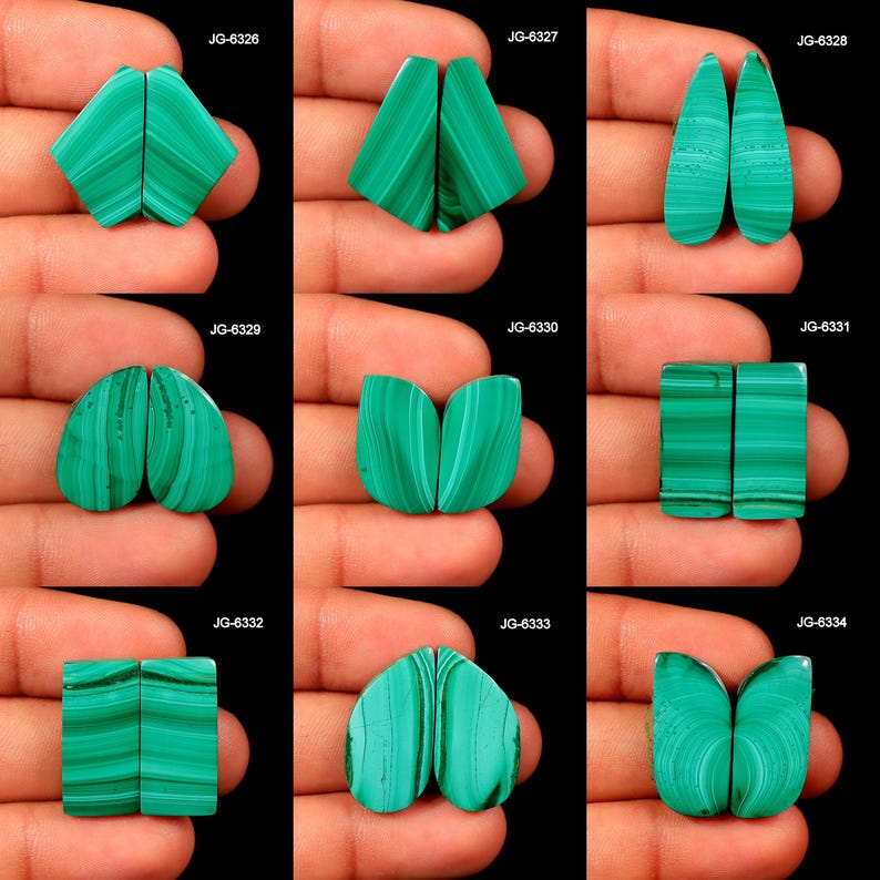 May include: A collection of nine pairs of polished malachite gemstones in various shapes. The gemstones are a vibrant green with darker green banding. Each pair is held in a hand, showcasing the natural patterns and textures of the stone.