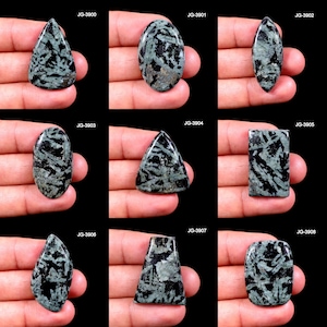 Puede incluir: Una colección de nueve piedras preciosas pulidas de diversas formas, incluyendo lágrima, ovalada y rectangular. Las piedras presentan un llamativo patrón de vetas negras sobre un fondo gris-verdoso. Cada piedra se sostiene en una mano sobre un fondo negro.