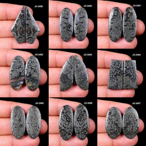 Könnte beinhalten: Eine Sammlung von neun Paaren polierter Pyrit-Edelsteine, jeweils mit einzigartigen Mustern und Formen. Die Steine reichen von Dunkelgrau bis Silber, mit sichtbaren kristallinen Strukturen. Jedes Paar wird vor einem neutralen Hintergrund präsentiert.