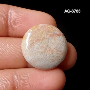 May include: A circular gemstone with a polished surface, displaying a natural, textured pattern in cream, beige, and pink hues. The stone is held in a hand against a black backdrop. The text "AG-6783" is visible on the image.