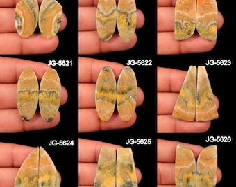 May include: A collection of gemstone pairs in various shapes, including oval, teardrop, and irregular forms. The stones feature a mix of yellow, orange, and gray hues, with visible patterns and textures. Each pair is labeled with a unique code, such as JG-5618.