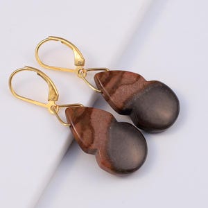 May include: A pair of dangle earrings with gold-colored leverback closures. The earrings feature teardrop-shaped pendants with a two-tone design: a reddish-brown upper section and a dark brown lower section. The earrings are displayed against a white background.