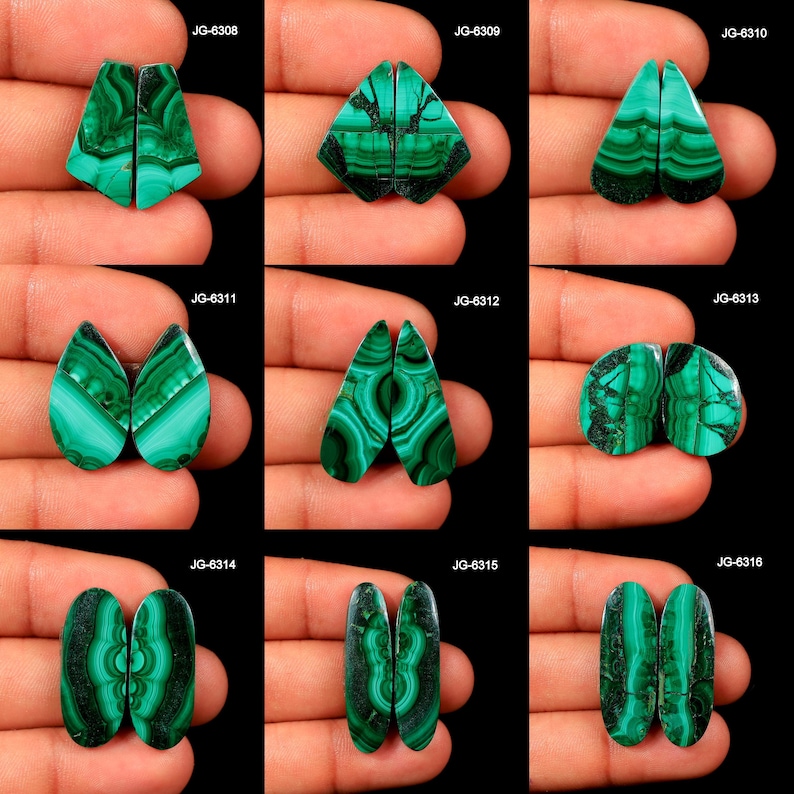 May include: A collection of nine pairs of polished malachite gemstones, each with unique patterns of dark green and light green swirls and bands. The gemstones are displayed against a dark background, showcasing their natural beauty and variations in shape.