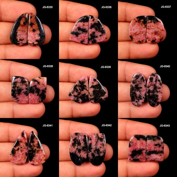 Rhodonite Stone Pair, Natural Rhodonite Pair Gemstone - Matching Rhodonite Pair, Flatback Rhodonite Pair Cabochon Rhodonite Pair For Jewelry