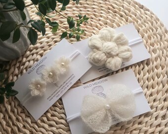 HEADBAND SET for NEWBORN / White baby photo prop / White headband / Babtism headband / White tieback / Newborn tieback / Set of three