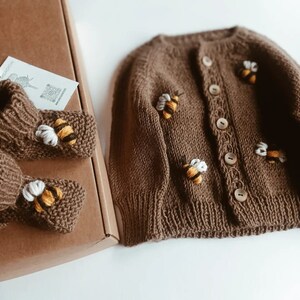 EMBROIDERY BABY SWEATER / Brown sweater for baby /Bumblebee embroidery /Handknitted sweater with embroidery /Outfit for baby /Gender neutral image 1