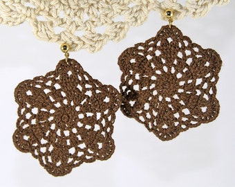 Mandala Crochet Statement Earrings Large - Brown Lace Lightweight Filigree Gold Studs