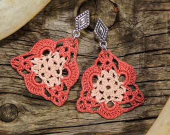 Pink Triangle Crochet Earrings - Geometric Boho Studs - Lace Mandala Earring