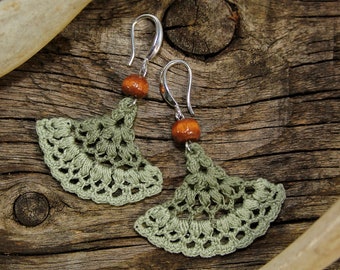 Green Fan Crochet Earrings - Bohemian Lace Earrings - Large Lightweight Dangle Earrings