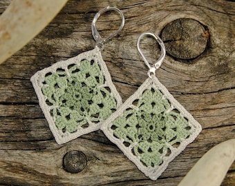 Crochet Lace Square Earrings - Green Beige Lightweight Statement Earrings