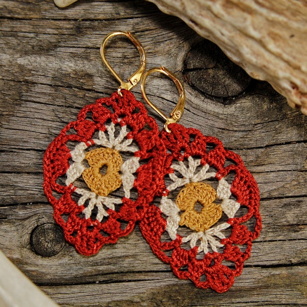 Autumn Lace Crochet Earrings - Fall Colors Filigree Leverback Oval Earrings