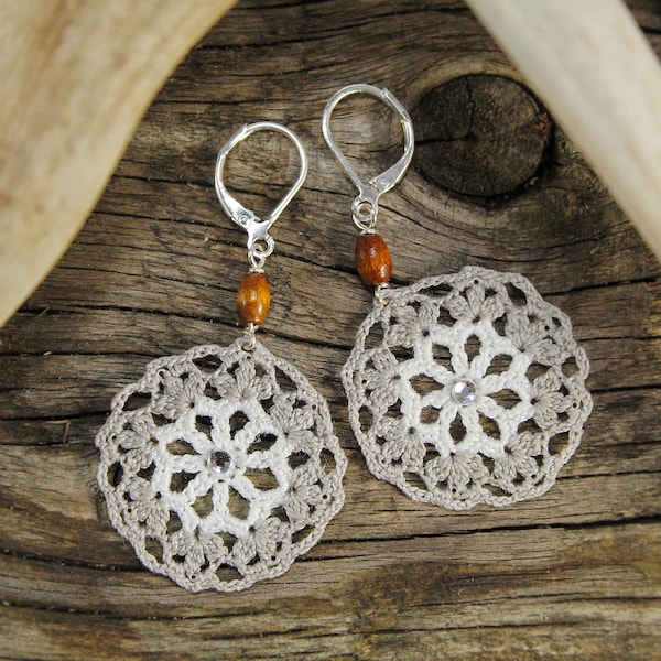 Boho Lace Crochet Earrings - White Grey Mandala Earring - Textile Dangle Festival Leverbacks