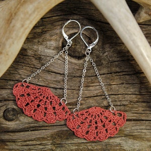 Pink Fan Earrings Rose Lace Earrings Salmon Crochet Earrings Coral Filigree Earrings image 1