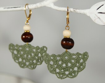 Green Filigree Fan Earrings - Olive Crochet Earrings - Green Gold Lace Earrings - Bohemian Statement Earrings