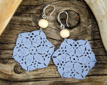 Light Blue Lace Earrings - Baby Blue Crochet Earrings - Large Mandala Earrings - Hexagon Dangle Earrings