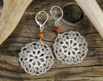 Boho Lace Crochet Earrings - White Grey Mandala Earring - Textile Dangle Festival Leverbacks