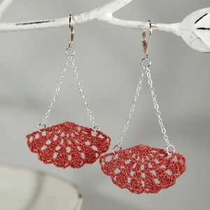 Pink Fan Earrings Rose Lace Earrings Salmon Crochet Earrings Coral Filigree Earrings image 2